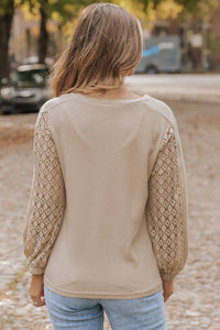 Waffle-Knit Round Neck Long Sleeve Blouse Trandify deal