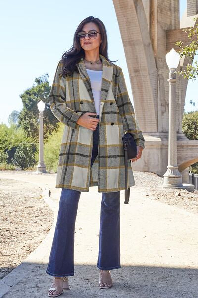 Double Take Full Size Plaid Button Up Lapel Collar Coat Trandify deal