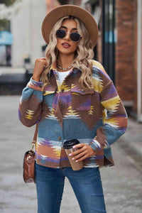 Printed Collared Neck Jacket Trandify deal