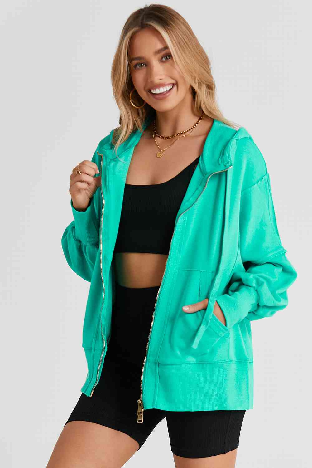 Zip Up Long Sleeve Drawstring Hoodie Trandify deal
