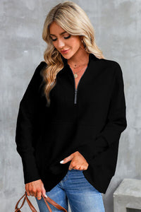 Half Zip Pocketed Dropped Shoulder Sweatshirt Trandify deal