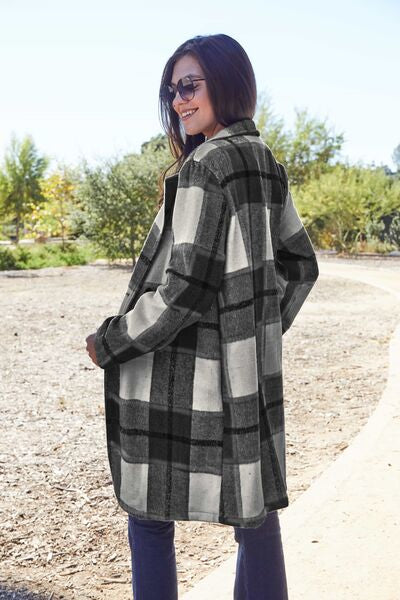 Double Take Full Size Plaid Button Up Lapel Collar Coat Trandify deal