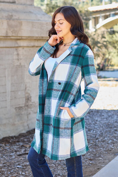 Double Take Full Size Plaid Button Up Lapel Collar Coat Trandify deal