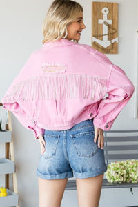 Veveret Fringe Distressed Button Up Denim Jacket Trandify deal