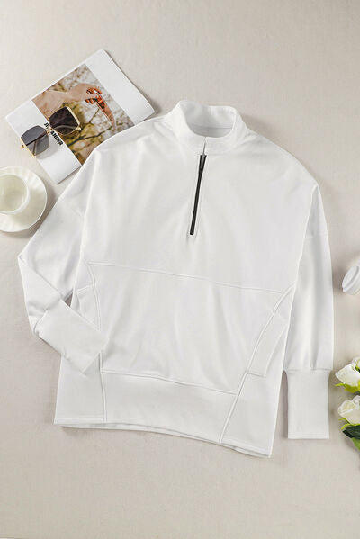 Half Zip Pocketed Dropped Shoulder Sweatshirt Trandify deal