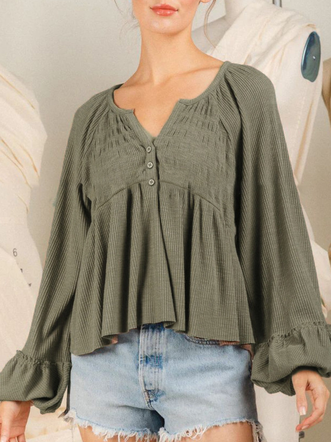 Notched Balloon Sleeve Peplum Blouse Trandify deal
