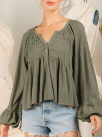 Notched Balloon Sleeve Peplum Blouse Trandify deal