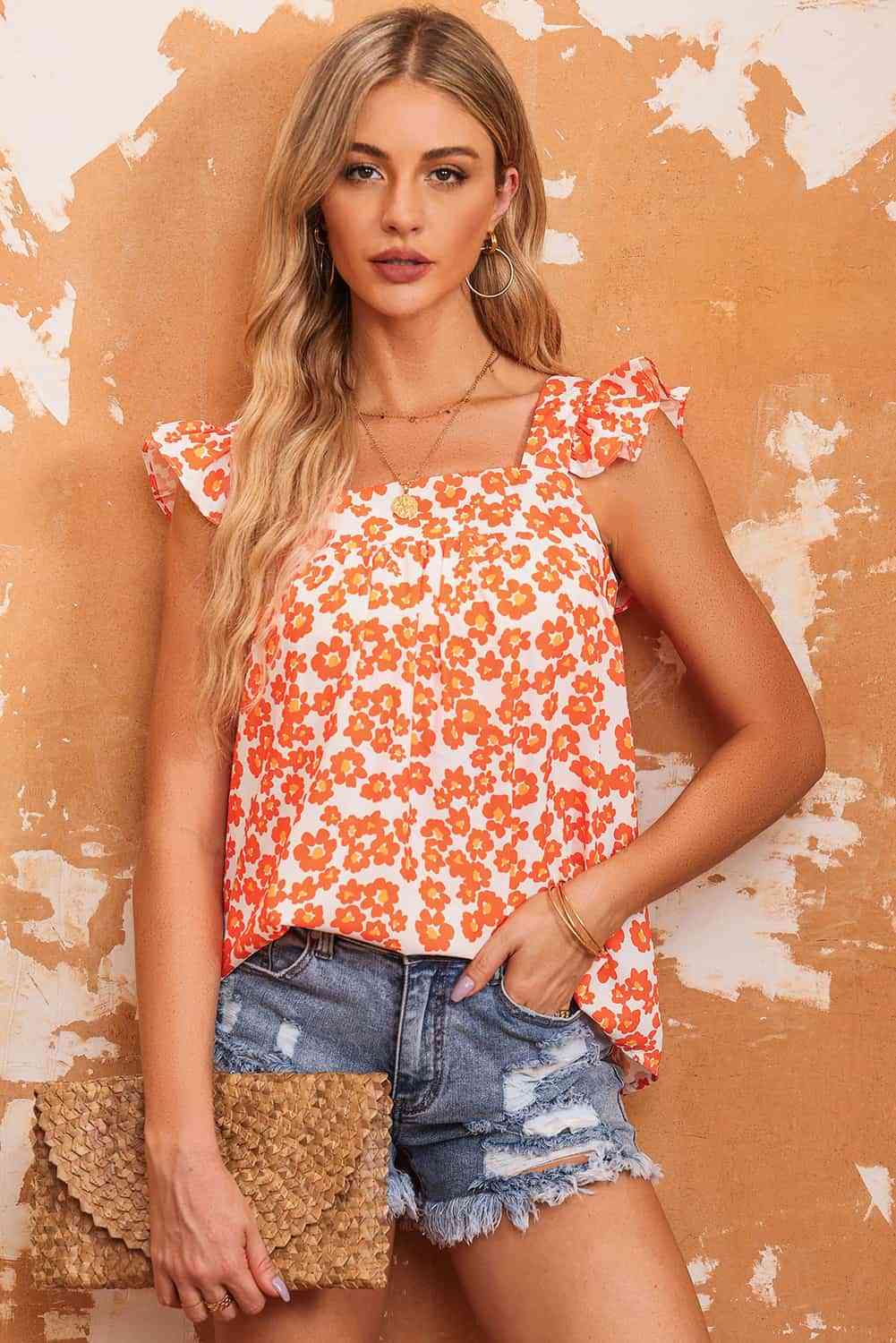 Floral Square Neck Cap Sleeve Tank Trandify deal