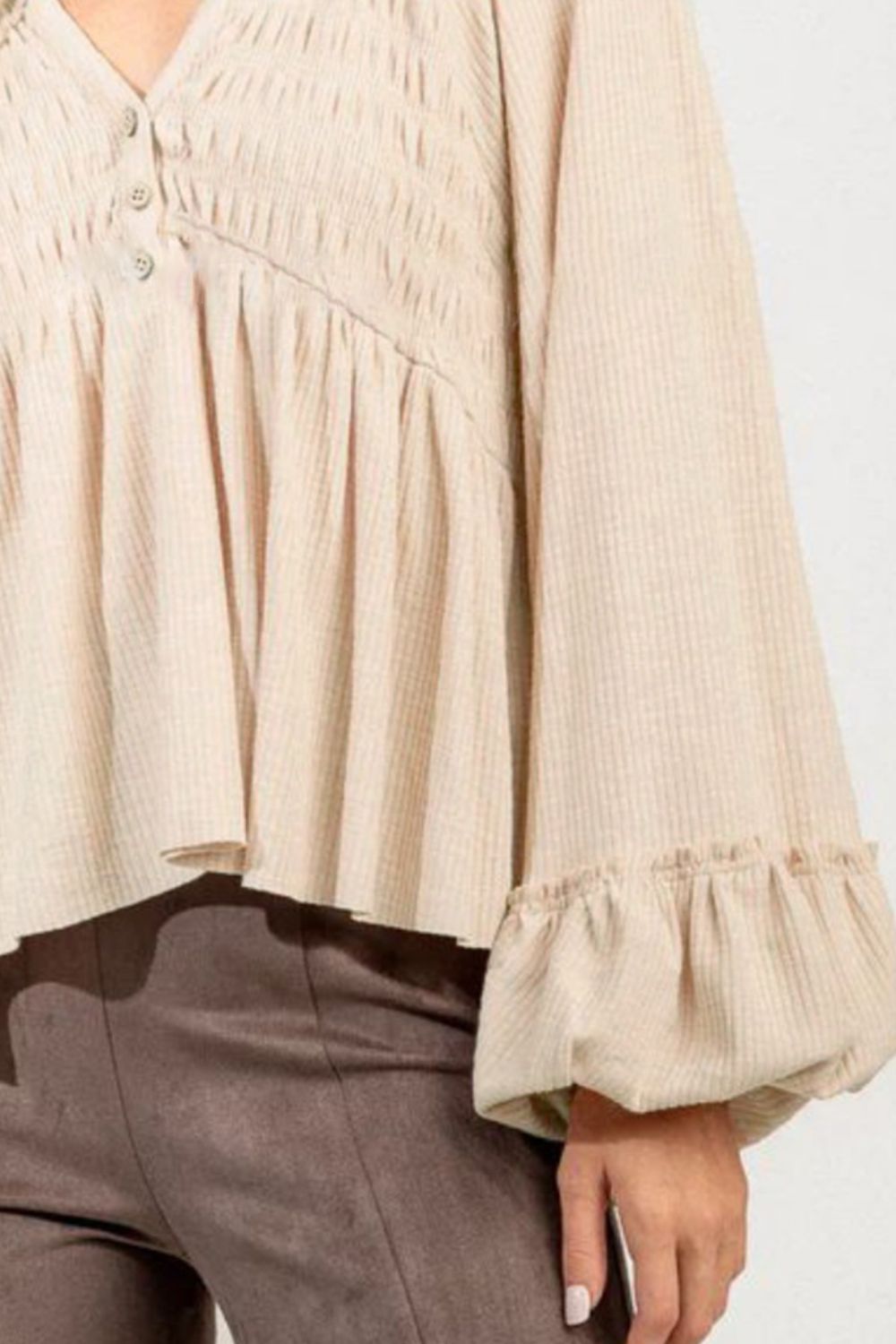 Notched Balloon Sleeve Peplum Blouse Trandify deal