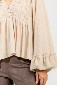 Notched Balloon Sleeve Peplum Blouse Trandify deal