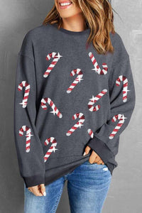Sequin Candy Cane Round Neck Sweatshirt - Trandify Deal