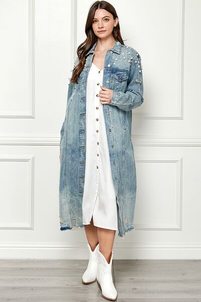 Veveret Full Size Distressed Raw Hem Pearl Detail Button Up Jacket Trandify deal