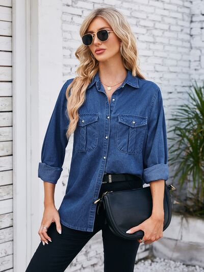 Button Up Collared Neck Denim Jacket Trandify deal
