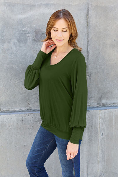 Basic Bae Full Size V-Neck Lantern Sleeve Blouse Trandify deal