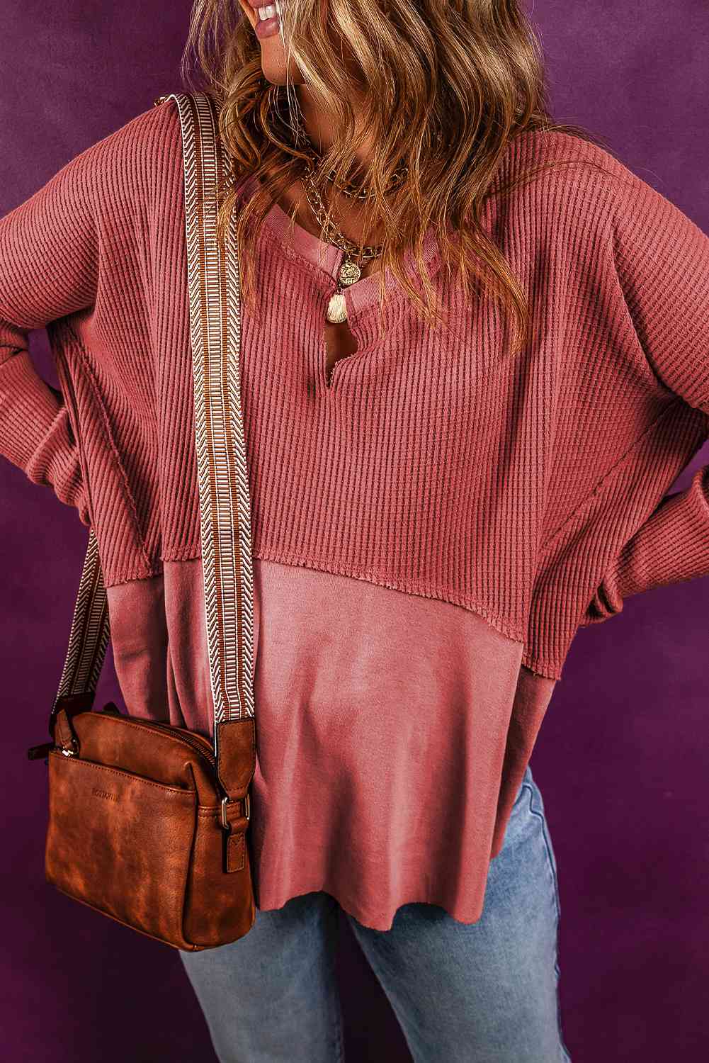 Notched Neck Long Sleeve Slit Blouse Trandify deal