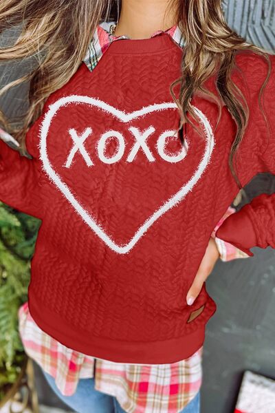 XOXO Heart Round Neck Dropped Shoulder Sweatshirt Trandify deal