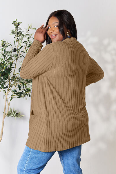 Basic Bae Full Size Ribbed Open Front Cardigan with Pockets Trandify deal