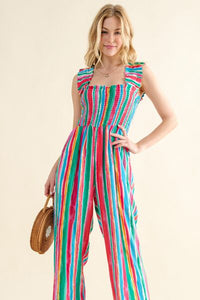 Full Size Striped Smocked Sleeveless Jumpsuit Trandify deal