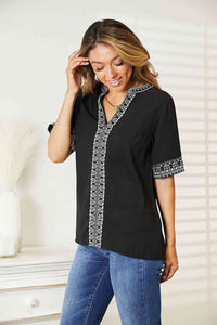 Double Take Embroidered Notched Neck Top Trandify deal