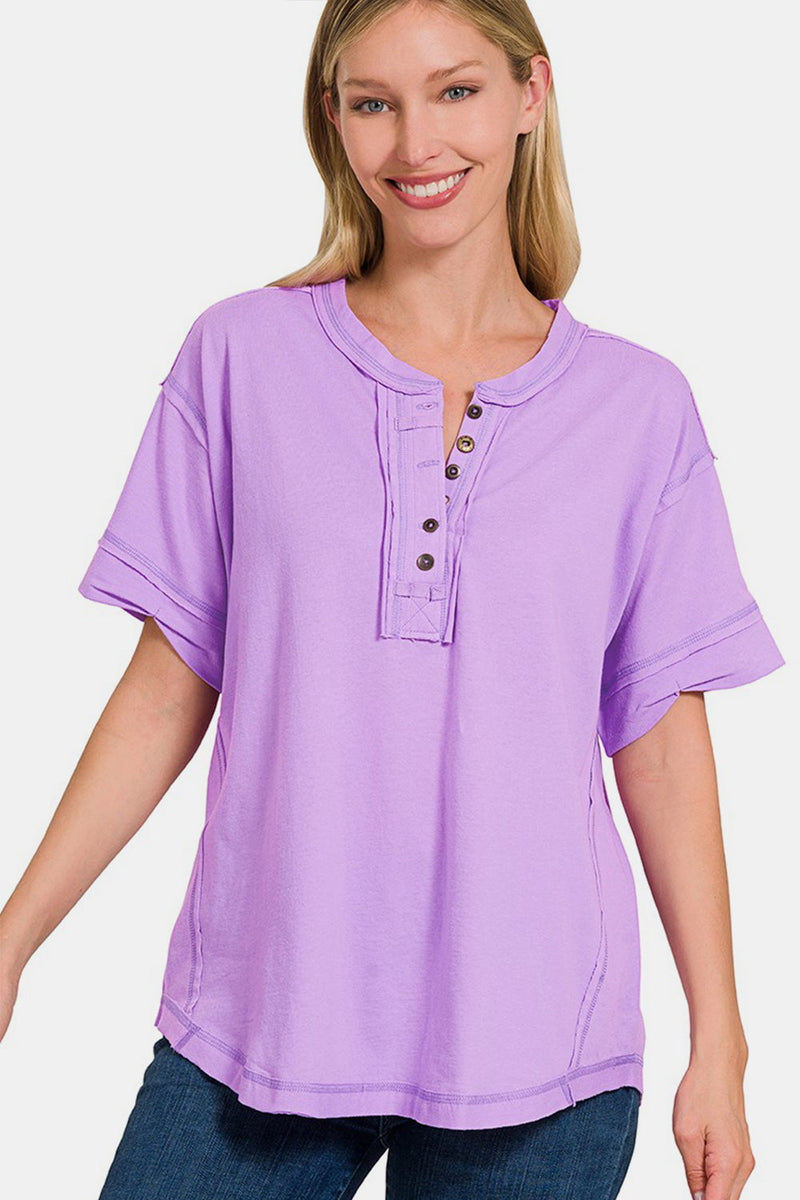 Zenana Exposed Seam Half Button Short Sleeve Top Trandify deal