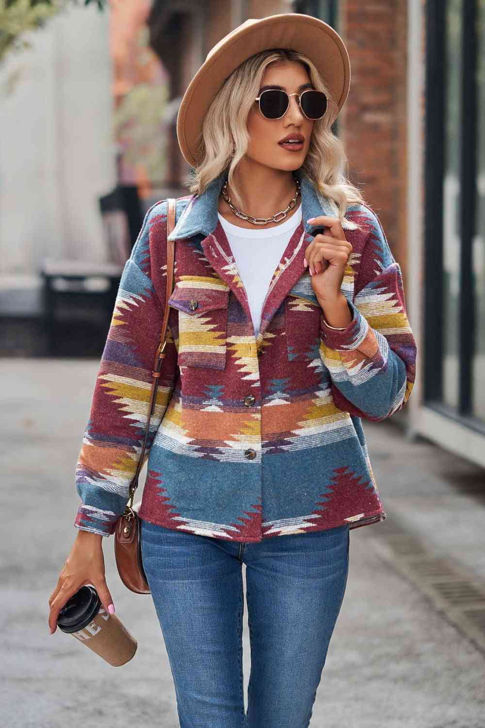 Printed Collared Neck Jacket Trandify deal
