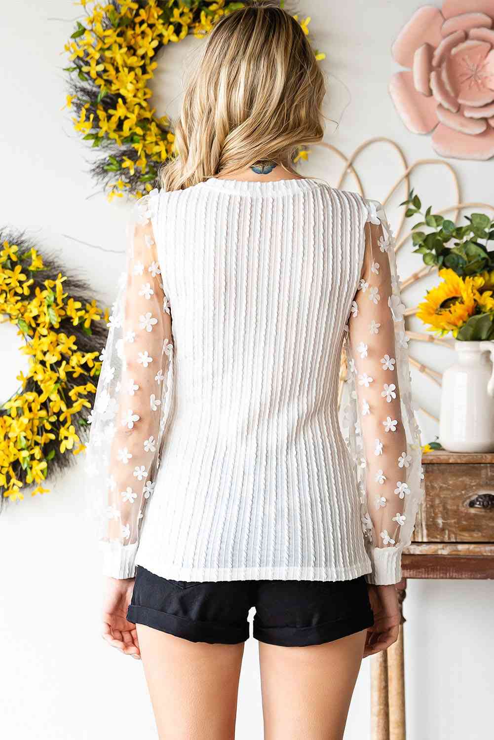Double Take Textured Applique Long Sleeve Blouse Trandify deal