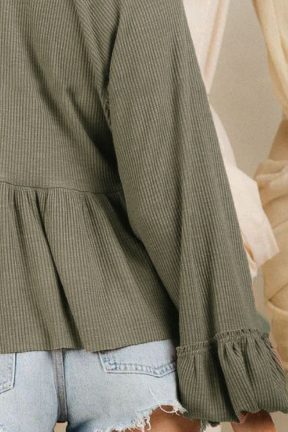 Notched Balloon Sleeve Peplum Blouse Trandify deal