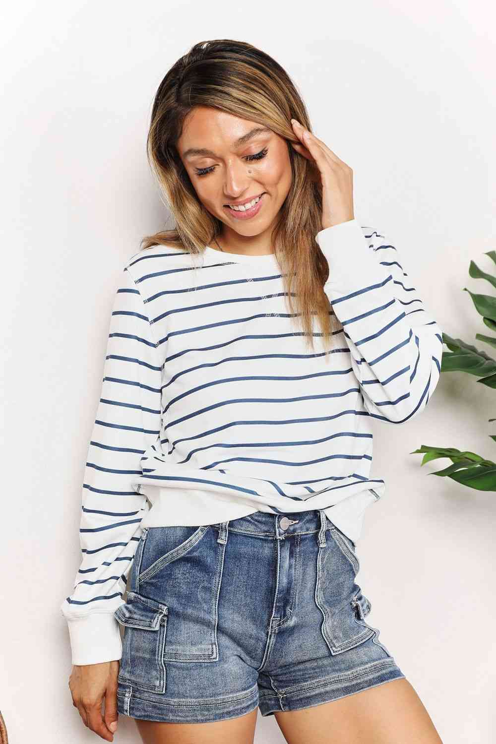 Double Take Striped Long Sleeve Round Neck Top Trandify deal