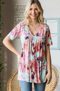 Heimish Full Size Floral V-Neck Short Sleeve Babydoll Blouse Trandify deal