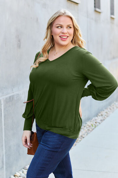 Basic Bae Full Size V-Neck Lantern Sleeve Blouse Trandify deal
