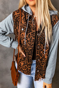 Leopard Distressed Drawstring Hooded Denim Jacket Trandify deal