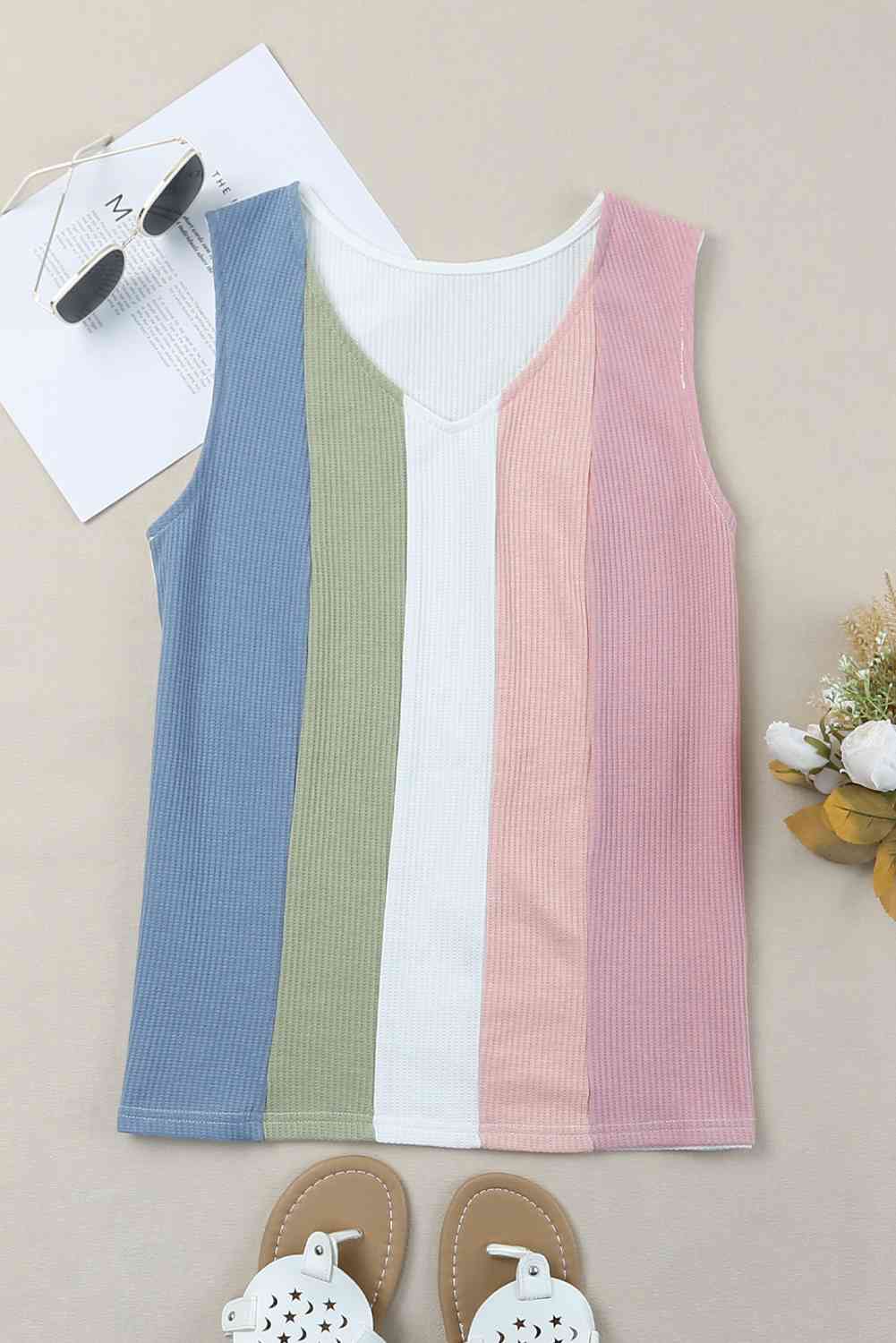 Multicolored Striped Waffle-Knit Sleeveless Tank Trandify deal