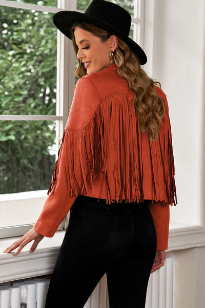 Fringe Trim Lapel Collar Cropped Blazer - Trandify Deal