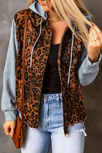 Leopard Distressed Drawstring Hooded Denim Jacket Trandify deal