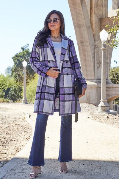 Double Take Full Size Plaid Button Up Lapel Collar Coat Trandify deal