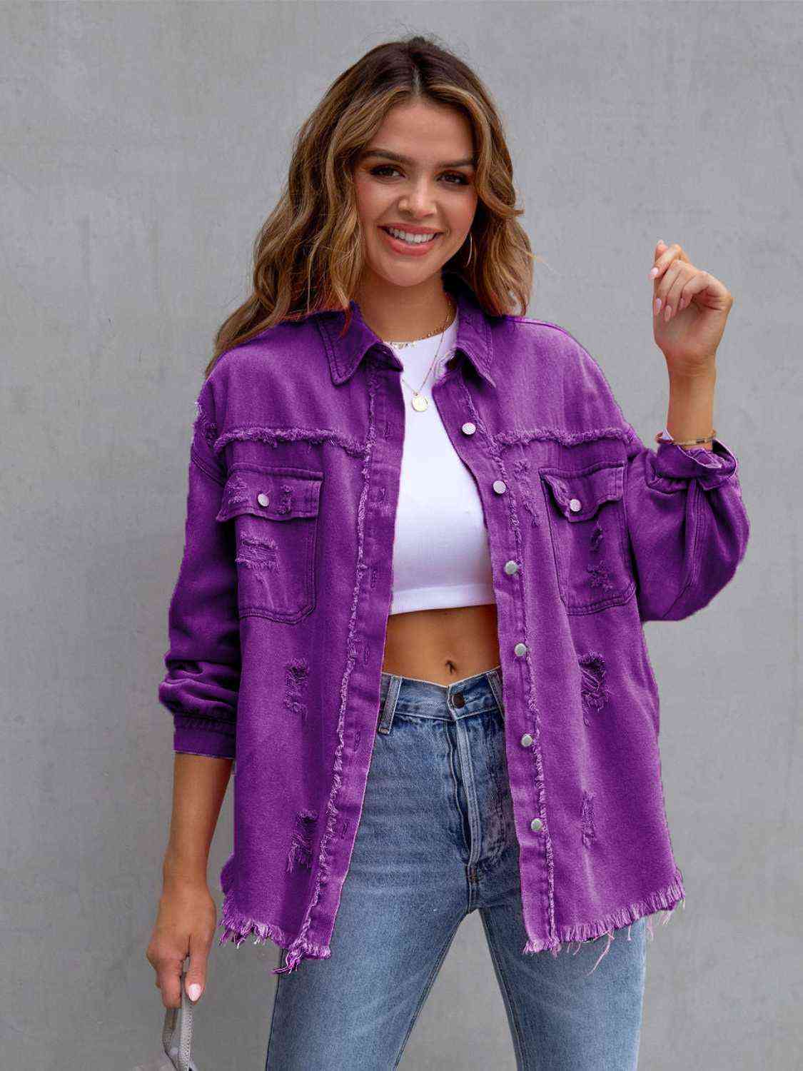 Distressed Drop Shoulder Denim Jacket - Trandify Deal