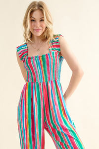 Full Size Striped Smocked Sleeveless Jumpsuit Trandify deal