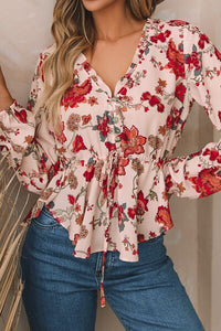 Floral V-Neck Drawstring Peplum Blouse Trandify deal