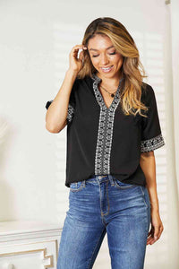 Double Take Embroidered Notched Neck Top Trandify deal