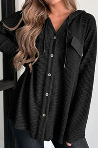 Waffle-Knit Button Up Drawstring Hoodie Trandify deal