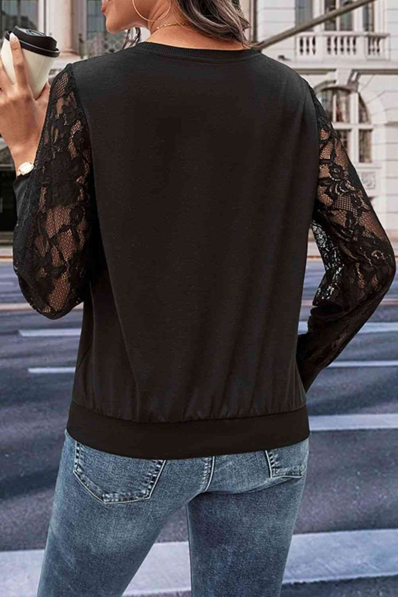 Round Neck Lace Trim Long Sleeve Sweatshirt Trandify deal