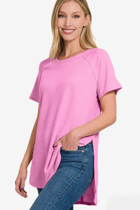 Zenana Slit Round Neck Short Sleeve Waffle Top Trandify deal