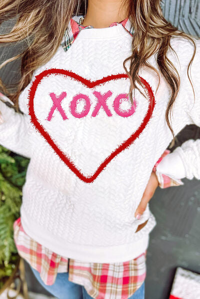 XOXO Heart Round Neck Dropped Shoulder Sweatshirt Trandify deal