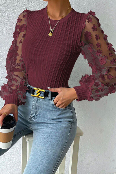 Double Take Textured Applique Long Sleeve Blouse Trandify deal