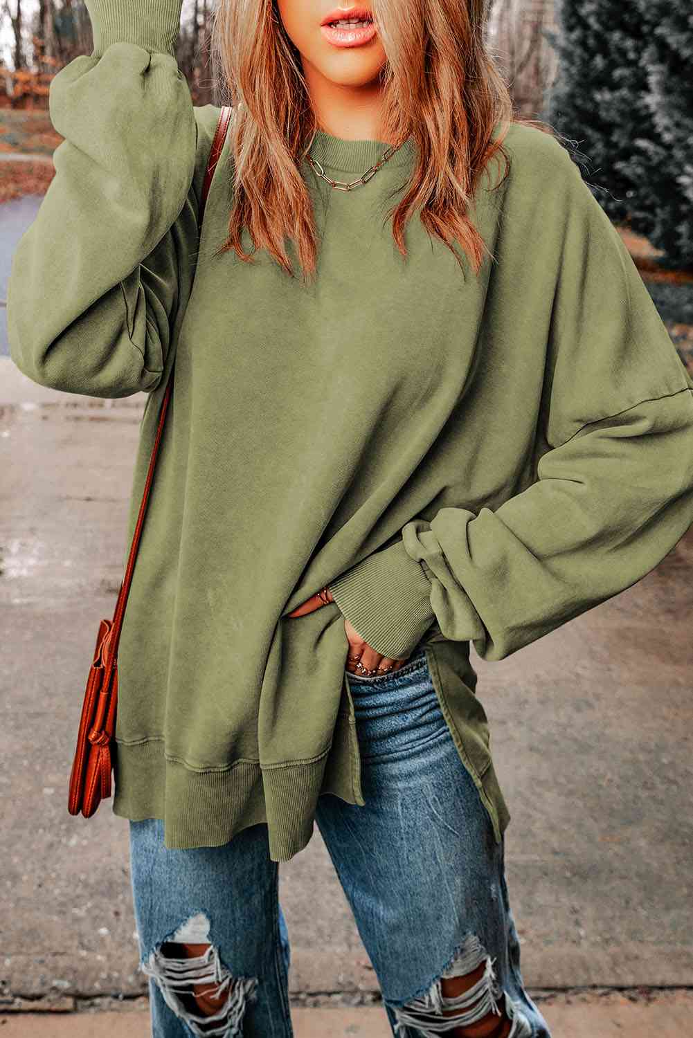 Dropped Shoulder Round Neck Long Sleeve Blouse Trandify deal