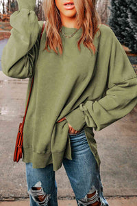 Dropped Shoulder Round Neck Long Sleeve Blouse Trandify deal