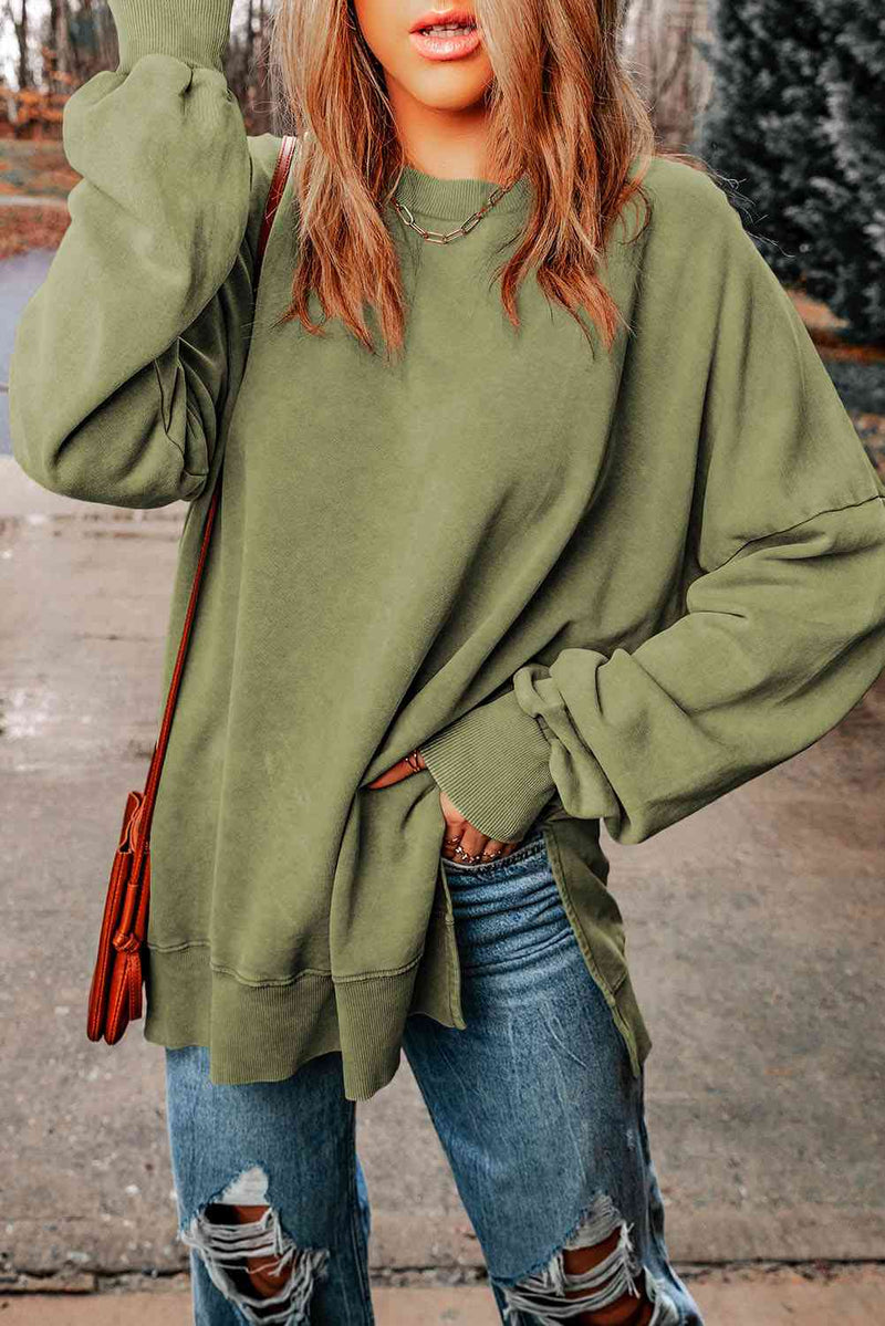 Dropped Shoulder Round Neck Long Sleeve Blouse Trandify deal