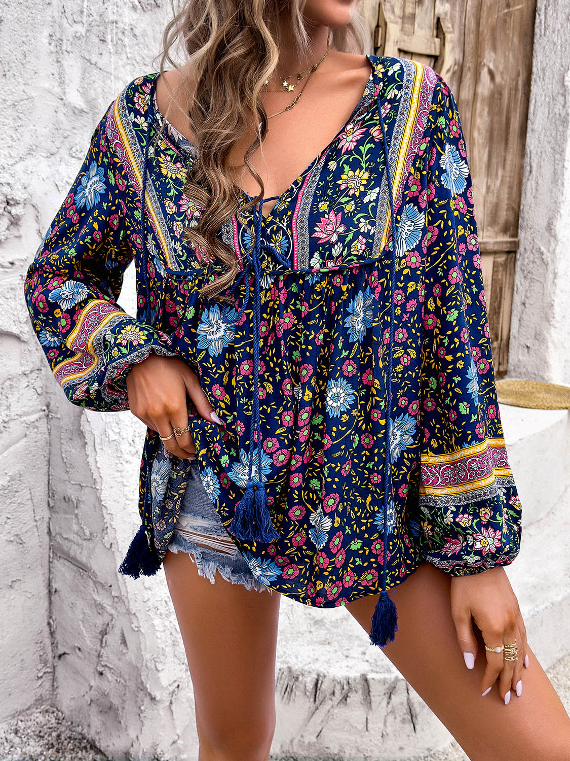 Devine Printed Tie Neck Long Sleeve Blouse Trandify deal