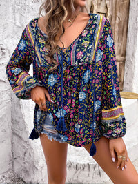 Devine Printed Tie Neck Long Sleeve Blouse Trandify deal