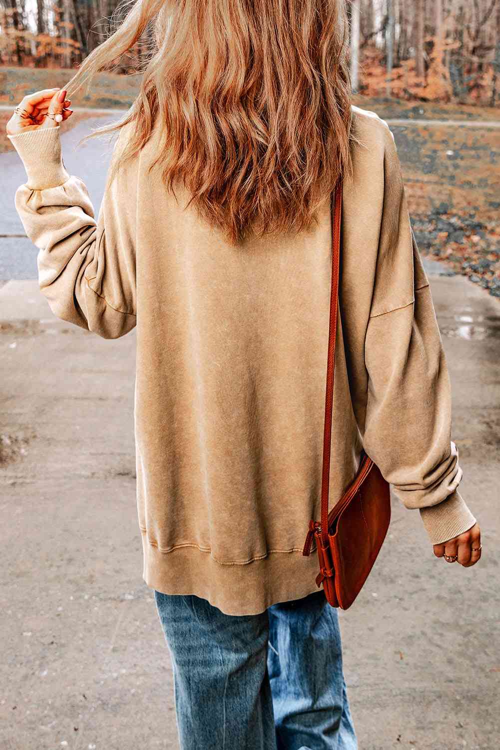 Dropped Shoulder Round Neck Long Sleeve Blouse Trandify deal